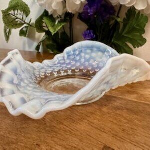 Vintage Fenton White Opalescent Hobnail Ruffled Bowl Midcentury Milk Glass Candy